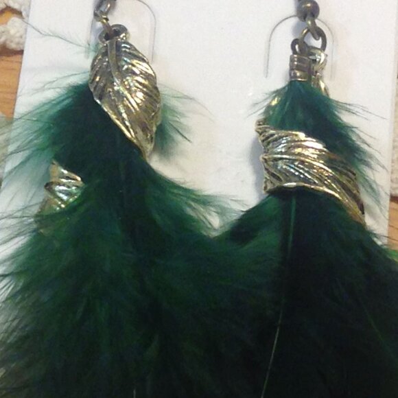 Green and Gold Feather Earrings - Picture 3 of 3